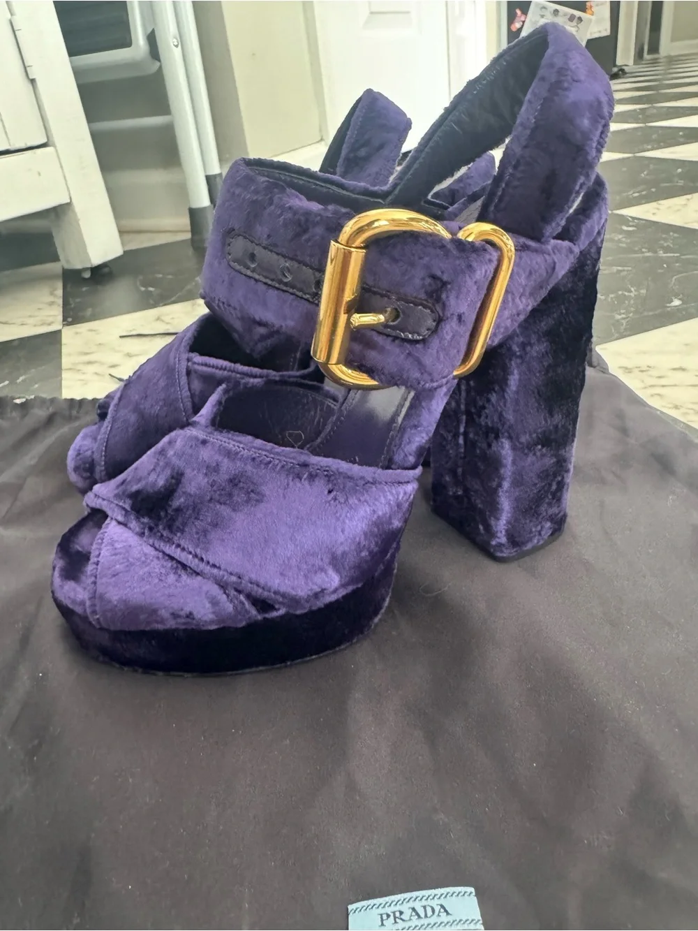 Prada Purple Velvet Platform Heels with Gold Buckle